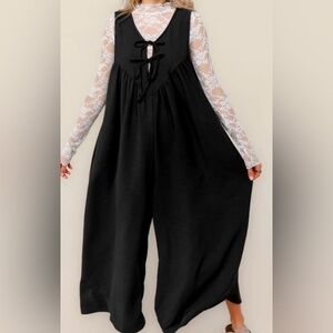 Black Front Tie Detail Wide Leg Sleeveless Jumpsuit